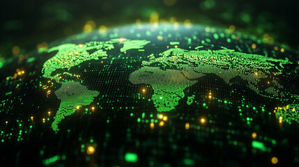 Digital world map glowing in green and yellow tones  
