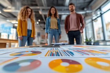 Business people standing with financial charts and graphs on blurred background