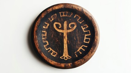 A circular wooden carving with symbolic geometric designs displayed on a white background