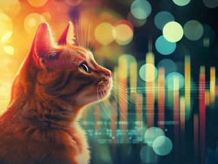 Fototapeta premium Business cat. Office cat. Observing stock charts. Created by AI.