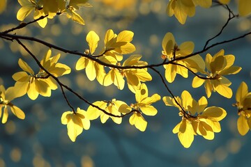 Obraz premium The broad, flat leaves of a buttercup tree softly reflecting the early morning sun, creating a warm and inviting scene. 