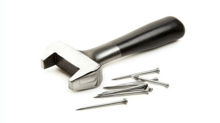 A metal hammer and a cluster of small metal nails