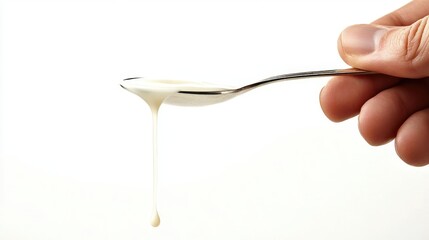 A hand holding a spoon with liquid dripping slowly downwards