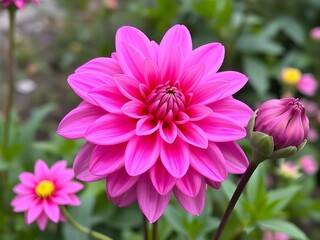 Obraz premium Vivid Pink Dahlia Flowers Blooming in Garden, Close-up, Petals, Bud, Floral, Blossom, Summer, Nature