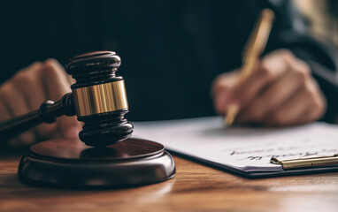 judge gavel rests on wooden desk while legal document is being signed, symbolizing importance of law, legislation, and court proceedings