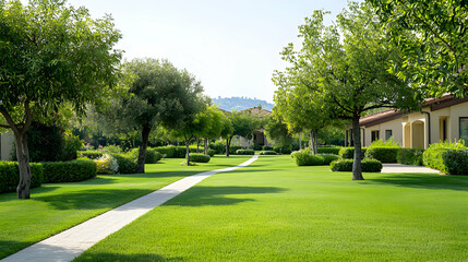Fototapeta premium Green Lawn Pathway Leading Through Lush Trees In Residential Area Under Bright Sunlight