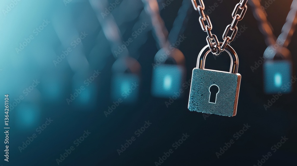 Poster private digital security concept with encrypted data floating above a business network.