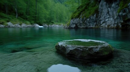 Fototapeta premium Tranquil alpine lake scene. A large, mossy rock rests in shallow, crystal-clear water, surrounded by lush forest and a serene river