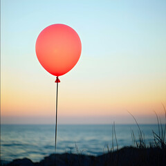 Red balloon on beach at sunset, calm ocean background; ideal for peaceful, contemplative themes