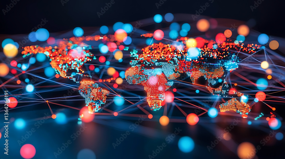 Poster global network visualization digital world infographic style tech environment close-up view data con