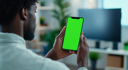 African Man Holds Phone With Green Screen, Mockup Template, Chroma Key, Modern Device