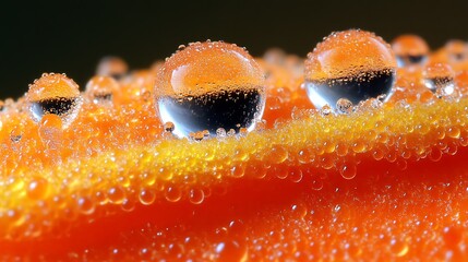 Macro shot of dew drops on orange petal.