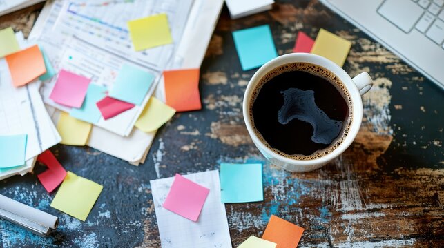 Coffee spill next to a messy pile of sticky notes and papers
