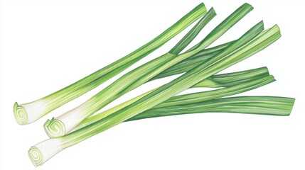 Fresh Green Onions Stacked on White Background for Culinary Use