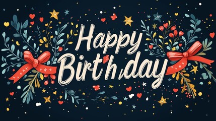 Fototapeta premium A cheerful Happy Birthday message adorned with vibrant floral bouquets and festive red bows, scattered with stars and hearts on a dark background.