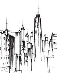 Obraz premium City landscape. Different buildings on street, outline cityscape hand sketch, flat houses. Hand drawn vector illustration