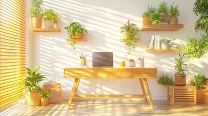 Fototapeta premium Cozy and Productive Home Office with Wooden Desk Laptop and Houseplants Displayed on Shelves under Bright Window Minimalist and Natural Interior Design in Warm Lighting