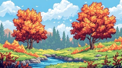 Autumn Creek with Pixel Art Landscape.