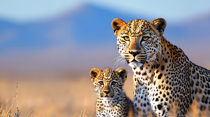 Leopard family observing surroundings african savanna wildlife photography natural habitat close-up animal behavior