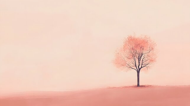 Solitary tree in soft pink landscape, tranquil and serene setting, perfect for inspirational quotes or nature themes.