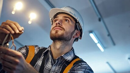Electrician at Work: A focused electrician in a safety helmet diligently works on electrical wiring, showcasing expertise and precision in a modern setting.
