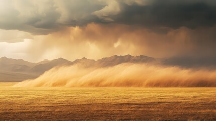 A massive sandstorm approaching across a vast desert landscape, with golden dunes being engulfed by swirling dust clouds under a dramatic sky