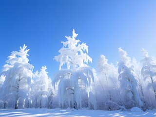 Winter wonderland scenic view snow-covered trees under a clear blue sky. Beautiful frosty forest landscape.