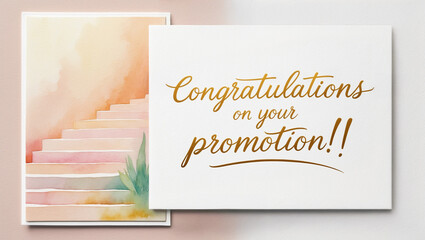 Promotion Congratulations card with a soft, golden background featuring a watercolor staircases on the left, against golden cursive handwritten script Congratulations on your promotion
