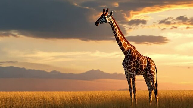 Graceful Giraffe Silhouette: A majestic giraffe stands tall against a stunning sunset backdrop, showcasing its distinctive patterned coat and long neck.
