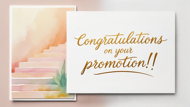 Promotion Congratulations card with a soft, golden background featuring a watercolor staircases on the left, against golden cursive handwritten script Congratulations on your promotion