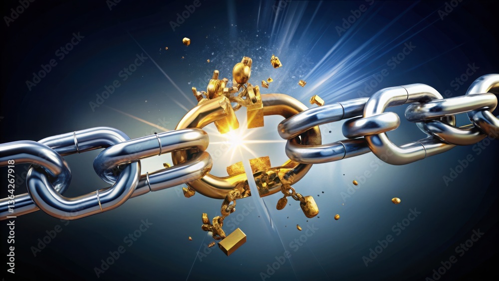Poster golden chain links breaking apart with shimmering light effects