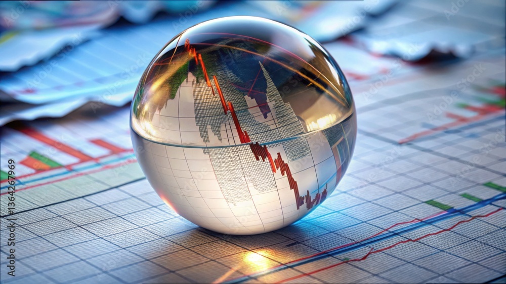 Poster crystal ball with financial charts and data visualization background