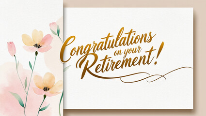 Retirement Congratulations card with a watercolor flowers on the left, against a golden cursive handwritten script Congratulations on your retirement on cream background