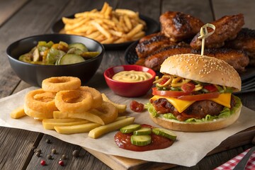 Juicy Gourmet Burger with Crispy Fries, Onion Rings, and BBQ Wings