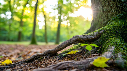 Closeup Of Tree Root System With Sunlit Green Foliage And Golden Sunlight In Forest