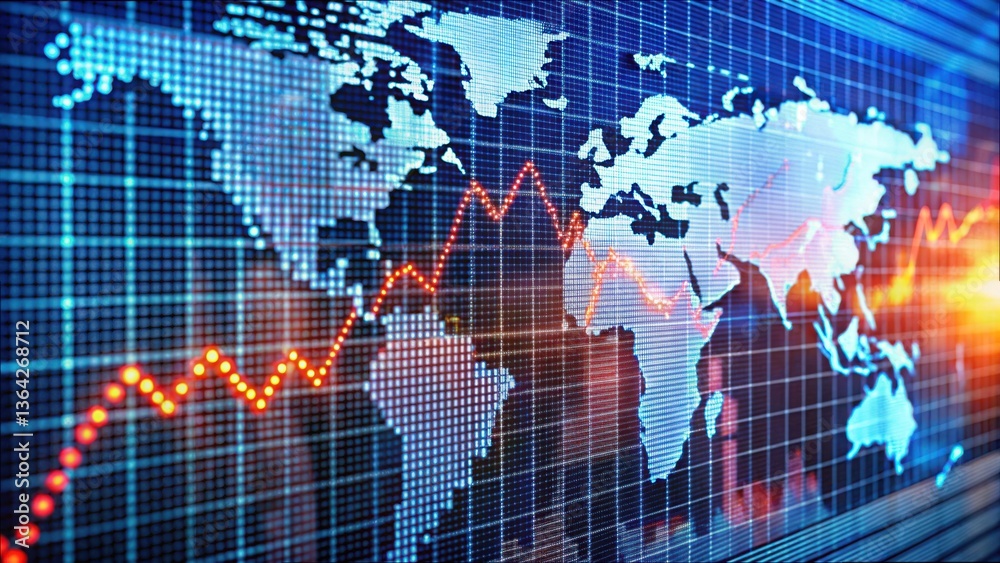 Poster global stock market index trends on bright screen display
