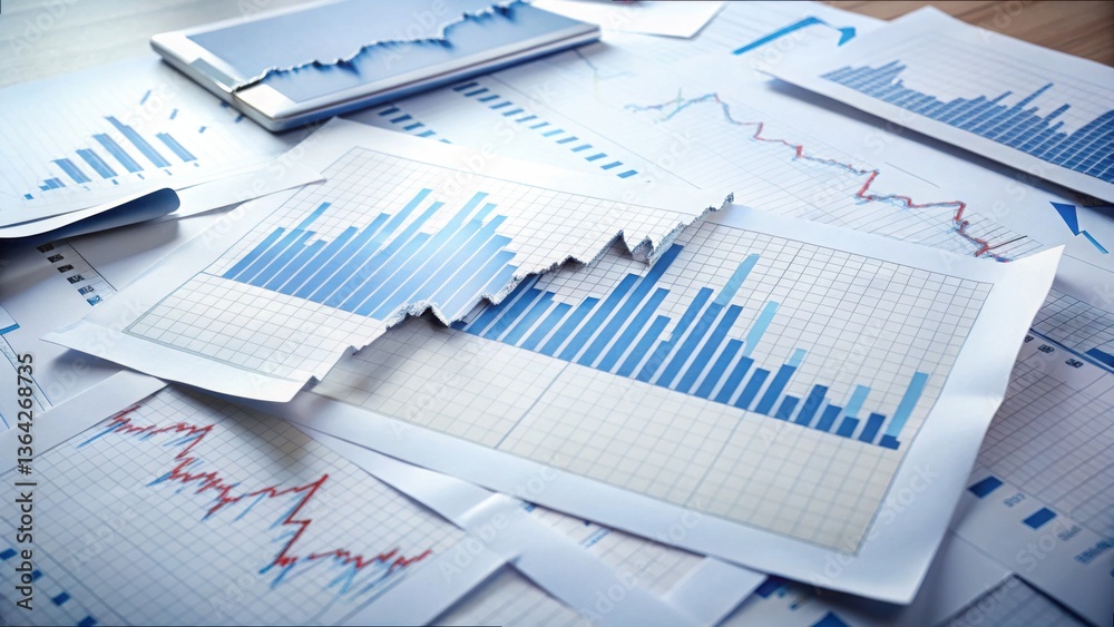 Poster torn graphs scattered on white paper background in gigapixel quality