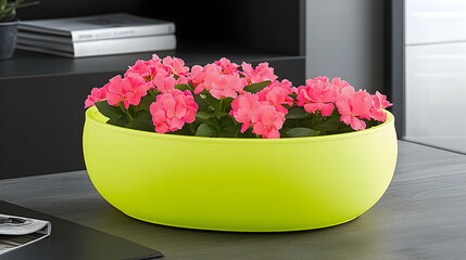 Pink flowers in a lime green bowl on a modern desk, books and window background; ideal for home decor websites