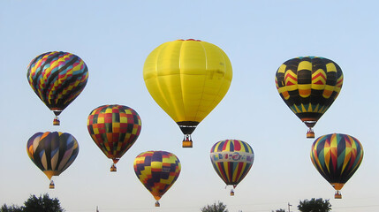 Fototapeta premium Colorful hot air balloons ascending in a clear sky over a rural landscape; ideal for travel brochures