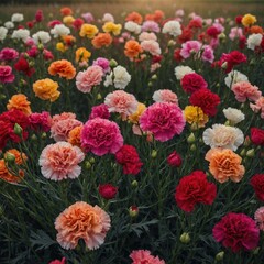 Fototapeta premium A beautiful arrangement of multicolored carnations growing in a field.