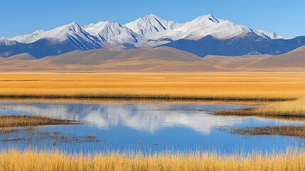 Snow-capped mountains reflected in calm autumnal wetland.