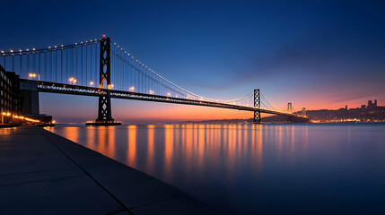 Obraz premium Suspension Bridge Lit at Sunset Reflecting on Calm Bay Water with City Skyline in Background