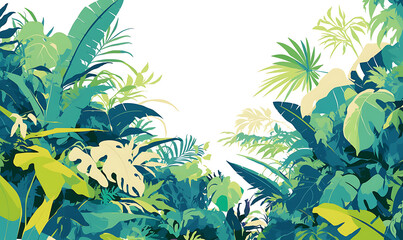 .Illustration of trees, leaves, grass and various botanical elements on a white background.