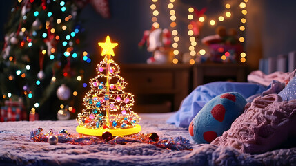 Naklejka premium Festive miniature Christmas tree on bedroom bed, lights & ornaments, holiday background, ideal for cards