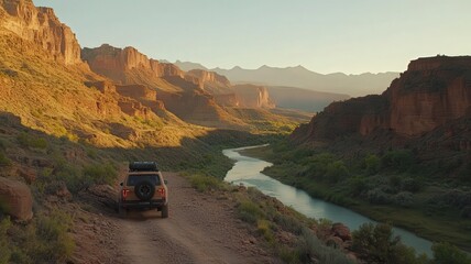 Off Road Vehicle on Scenic Desert Road Overlooking River Canyon at Sunset