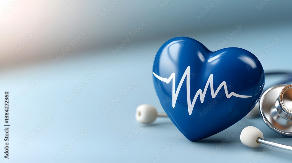 Poster sleek modern blue heart symbol with a sharp white ecg heartbeat line across the middle designed for 