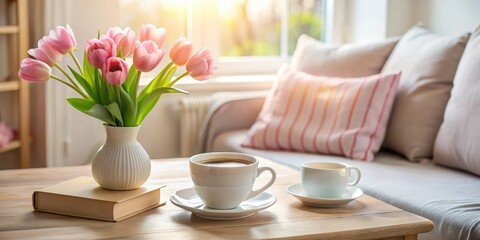 A tranquil morning scene pink tulips in a vase, coffee cups, and a book on a wooden table near a comfortable sofa