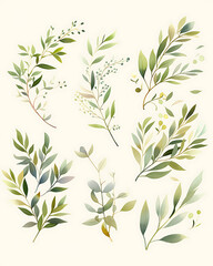Obraz premium .Illustration of trees, leaves, grass and various botanical elements on a white background.