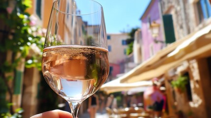 Ros? wine glass, sunny street, European village, vacation