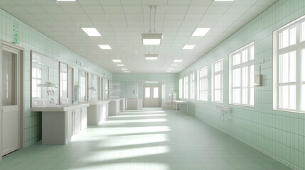 Fototapeta premium Spacious Laboratory Interior With White Counters And Windows Under Bright Ceiling Lights